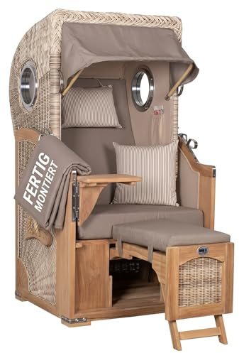 MR. DEKO® Strandkorb Düne Single Teak 1-Sitzer Bullauge | PE Geflecht Shell | Volllieger verstellbar mit Fußablage | inkl. 2 Kissen Wechselpolster | Strandkörbe fertig montiert | Bezug Dessin 534