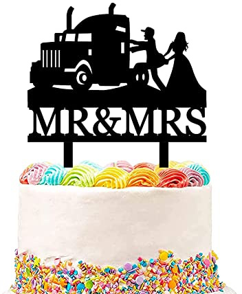 Heavy Truck Wedding Cake Topper,Funny Mr And Mrs Cake Topper,Bride and Groom with Heavy Truck Cake Decor for Wedding/Anniversary/Bridal Shower Party Decor(Black Acrylic)