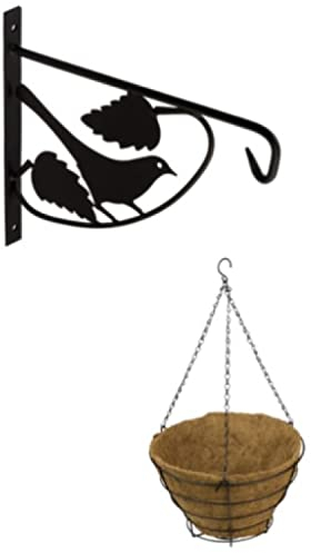 Gedotec Deko Metall Pflanzen-Halterung | 1 Set Balkon Deko Vogel mit Korb 290 mm | Blumenampel-Halter schwarz rustikal | Gartendeko Metall für Hängeampeln | Pflanzen Deko Schrauben Aufbewahrung