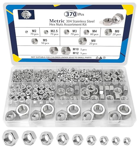 ZQZ 370 Pcs Metric Hex Nuts Assortment Kit, M2 M2.5 M3 M4 M5 M6 M8 M10 M12, 304 Stainless Steel Assorted Hex Nuts Set