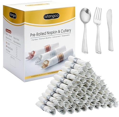 ISFANGCO 50 Pack Pre Rolled Silver Plastic Silverware Set, Disposable Wrapped Plastic Cutlery Set (50 Forks, 50 Knives, 50 Spoons, 50 Napkins) for Wedding Party