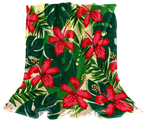 Fleece-Überwurfdecke für Couch, leichte Plüsch, Rosen, rote tropische Blätter, Rot