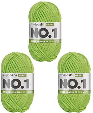 myboshi No.1 Wolle zum Häkeln und Stricken, Schnellstrickgarn, langlebige Mützenwolle, Strickwolle, Häkelwolle, mulesing-frei, 50g, Ll 55m Grün (Apfel) 3 Knäuel