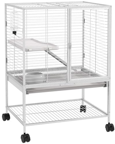 PawHut Gabbia per piccoli animali su ruote a 2 livelli con 2 porte, 1 rampa, 1 ripiano portaoggetti, ciotola, bottiglia - 61,5 x 44,5 x 86 cm, grigio