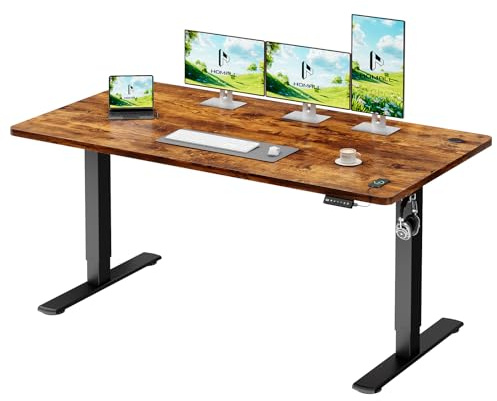 Homall Stående skrivbord 140 x 60 cm, elektriska skrivbord höjdjusterbart bord med USB-laddare, påminnelse om stillasittande livsstil, 3 minnespositioner, kabelbox och hjul, brun