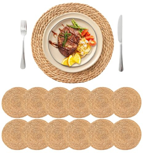 13.8'' Round Woven Placemats Set of 12, Boho Rattan Chargers for Dinner Plates, Rustic Wicker Place Mats, Straw Braided Table Placemats, for Dining Table Decor, Wedding, Farmhouse and Home Decor
