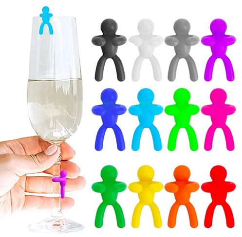 Segnalibri per bevande divertenti | Confezione da 12 segnabicchieri piccoli a forma di omino | Nuovi identificatori di bicchiere in silicone riutilizzabili per bicchiere, tazze, flute