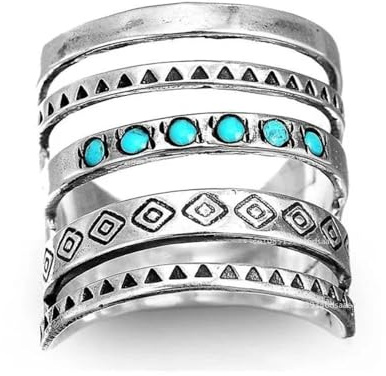 Schals Tücher Halstuch Scarf Vintage Bohemian Damenring Silber Farbe Mehrschichtige Hohl Türkis Ringe Band Verlobung Trauringe Schmuck Sets