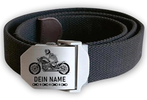 Lasernauten Workwear Stoffgürtel – Personalisiert mit Edelstahl-Schnalle, 6 Motorrad-Motive und Wunschgravur. Robuster, verstellbarer Gürtel für Biker und Alltag. Ideal als Geschenk für Motorradfans