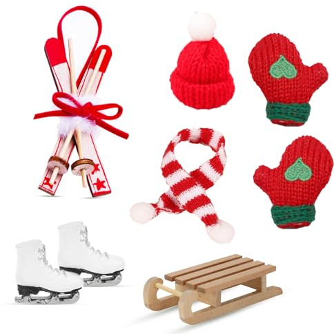 RTUOHUIN Wichtel Schlitten Set, 9 Stück Miniatur Wichtel Zubehör, Wichteltür Zubehör Weihnachten inkl.Ski Schlitten Schlittschuhe Mütze Schals Handschuhe, Kinderzimmer Dekoration für Weihnachten