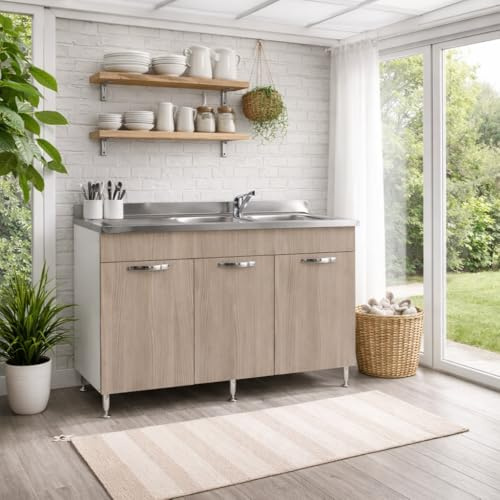 Linea Azzurra Sottolavello 120 Solo Mobile Cucina con 3 Ante in Legno Made in Italy H85xL120xP50 cm Facile da Montare (Vasca a Sinistra, Olmo)