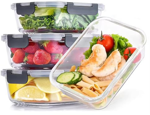 KOOSREEL Glass Container Food Storage with Lids, 4 Pack Meal Prep Containers Set, Airtight Lunch Containers, Leak Proof, BPA Free Glass Lunch Bento Boxes for Microwave, Oven, Freezer and Dishwasher
