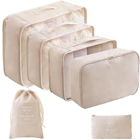 LANSKLBD 6/8 Set Packing Cubes for Suitcases Travel Luggage Packing Organizers,Travel Accessories Essentials Luggage Organizer with Shoe/Tioletry/Laundry Bag (Beige, 6 set)