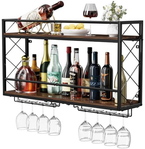 NEYCIL Wine Rack Wall Mount 2 Tier Wall Wine Rack with Glass Holder, Anti-Drop Crossbar, 31.5 Inch Metal Wine Holder for Home Kitchen Dining Room Bar, Black