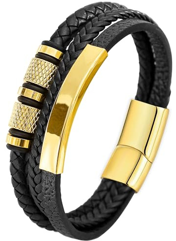 Mochity Lederarmband 21cm - Edelstahl Armband für Herren in Schwarz, Braun, Blau - Perlenkette Männer Geschenke Schmuck
