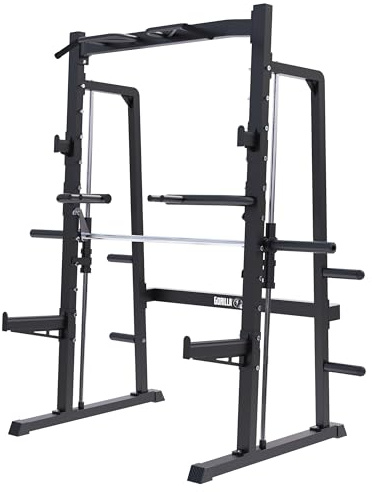 GORILLA SPORTS® Half Rack Smith Machine - mit Klimmzugstange, Geführter Langhantel, für 50mm Hantelscheiben, bis 300kg-Multipresse, Squat Rack, Kraftstation, Power Cage, Fitness Station