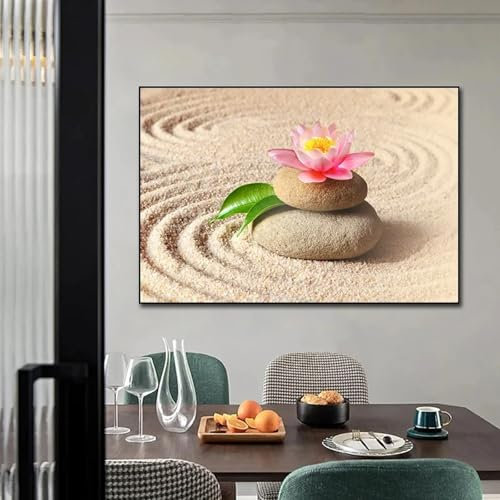 XINBAO Leinwandbild mit Lotus-Zen-Stein im Sand, rosa Lotus-Grünblätter, Zen-Poster, Wandkunst, für Wohnzimmer, Schlafzimmer, Heimdekoration, 80 x 120 cm, mit Rahmen