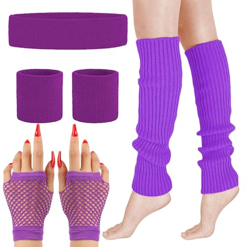 MUNSKT Juego de 4 calentadores de piernas, guantes de red, diadema, muñequeras, accesorios de disfraz de los años 80, disfraces de fiesta temática retro de los años 80 (purple, one size)