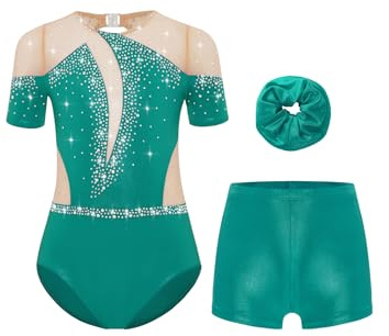 Yruioon Mädchen Turnanzug Glitzer Gymnastikanzug Kurzarm Ballett Trikot Leotard Tanzbody mit Shorts Haarband Wettbewerb Gymnastik Kleidung Grün 134-140