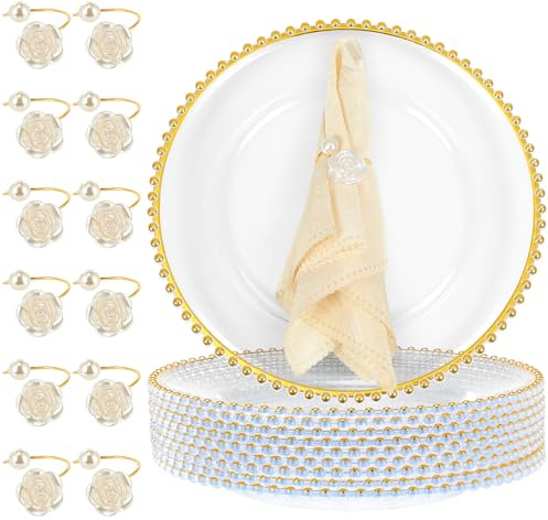 Tioncy 12 Set Clear Charger Plates with Napkin Rings 13 Inch Plastic Round Charger Plates with Bead Rim Dinner Table Decor for Christmas Holiday Party Wedding Tabletop Decoration(Rose,Gold)
