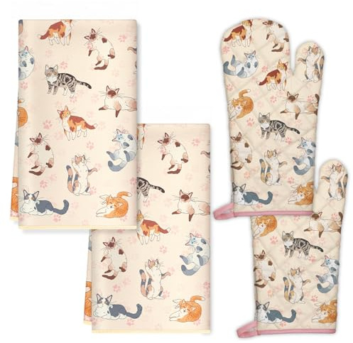Arquiel Katze Ofenhandschuh und Topflappen 4er-Set Baumwolle | Baumwoll-Küchenset mit Katze-Motiv, hitzebeständig und praktisch zum Kochen, Backen und Grillen.
