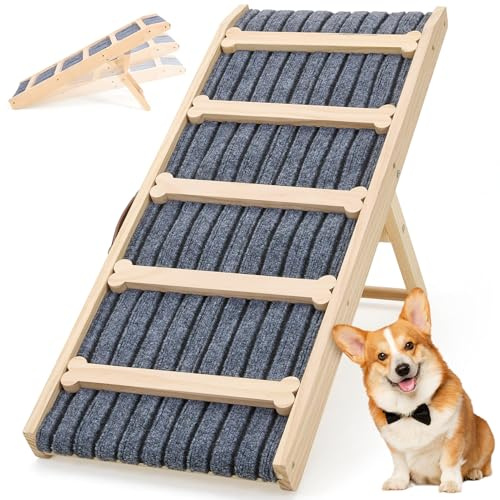 The Fellie Dog Ramp for Sofa, Wooden Dog Steps for Bed, 3 Adjustable Height from 32-47cm, Portable Stable Pet Ramp with Non-Slip Surface, Dog Stairs Use for Bed Sofa Stairs Cars, 90x35cm
