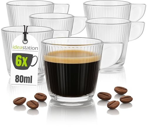 idea-station Juego de tazas de espresso italianas - 6 piezas - 80 ml - Vasos de espresso con lineas - Taza de expreso perfecta para cafè Doppio, Ristretto, Lungo