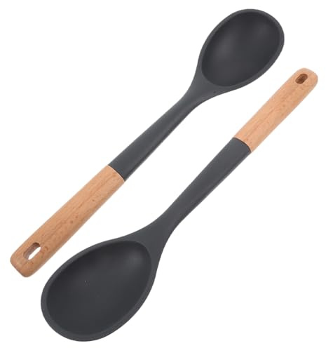 UKCOCO Cuillères de Cuisine en Silicone avec Manche en Bois, 2 Pièces, Résistantes à la Chaleur, Antiadhésives pour Mélanger et Servir, Protègent les Ustensiles de Cuisson, pour Cuisine à Domicile