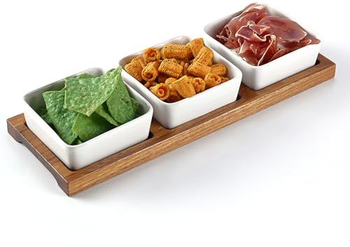 keramwerk 3x Weiß Dipschalen Set mit Brett Holz - Dip Schälchen für Snacks - Snack Schalen Set Keramik - Dip Schalen Set - Kleine Schüsseln als Saucenschälchen, Snackschalen, Dessertschalen
