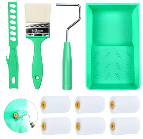 Okeno Select10 stycken små målarbullers-set, 5 cm svamproller för möbler, trä, dörrar och golvlister med färgbadkar och reservrullar för glans- och sidenmatt lack