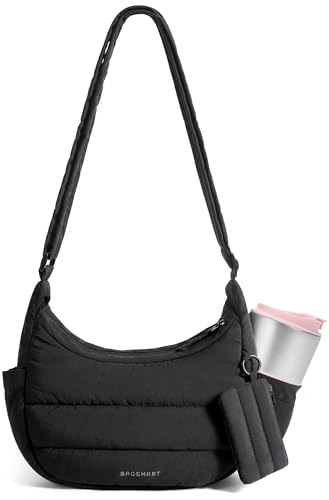 bagsmart Puffer Umhängetasche Damen Crossbody Bag Moon Bag Mehrfächrig | Puffer Tasche mit Verstellbare Weiche Schultergurt, Leicht Halbmond Handtasche für Arbeit Uni Reise Alltag