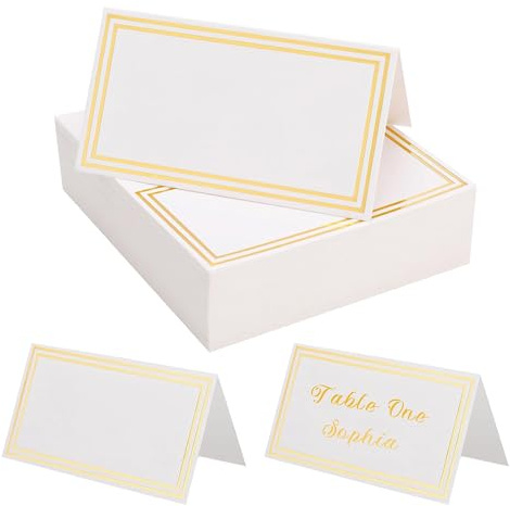 Table Place Cards,25pcs Wedding Name Cards Place Cards with Double Gold Border,Rectangle Place Cards Blank Personalised Name Cards for Table Setting Wedding Birthday Dinner Party(White)