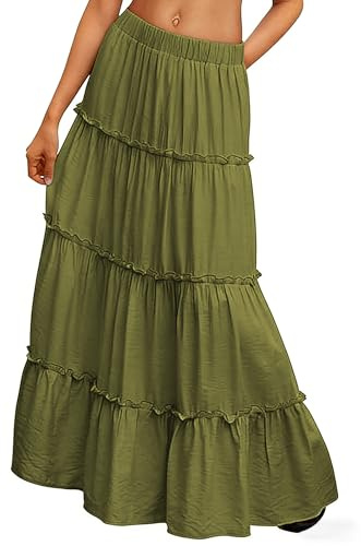 BEWECASU Women Vacation Outfits Long Skirts Boho Maxi Skirt Elastic High Waist Dress with Pockets(ArmyGreen,M)