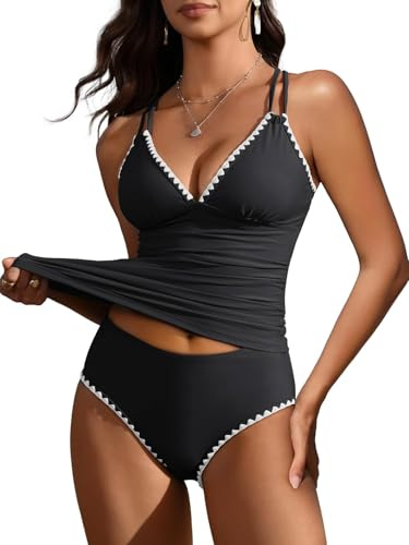 Awinclo Womens Tankini Set Two Piece Swimsuit Tummy Control V Neck Top Bathing Suit High Waisted Color Block Swimwear 2026