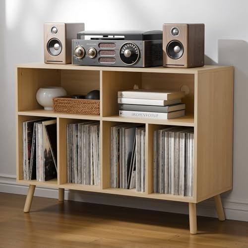 AUREUM OPAL Plattenspieler-Ständer mit Schallplattenaufbewahrung, Vinyl-Plattenregal mit Präsentationsfläche, Schallplattenständer für bis zu 350 Alben, Musikzimmer und Wohnzimmer (Eiche)