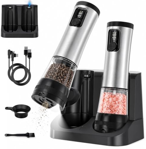 srml Rechargeable Electric Salt and Pepper Grinder Set with Battery Display | Charging Base, External 5-Level Coarseness, Dual Speed, 100ml Capacity, Automatic Pepper Mill Set for Kitchen Cooking & BBQ