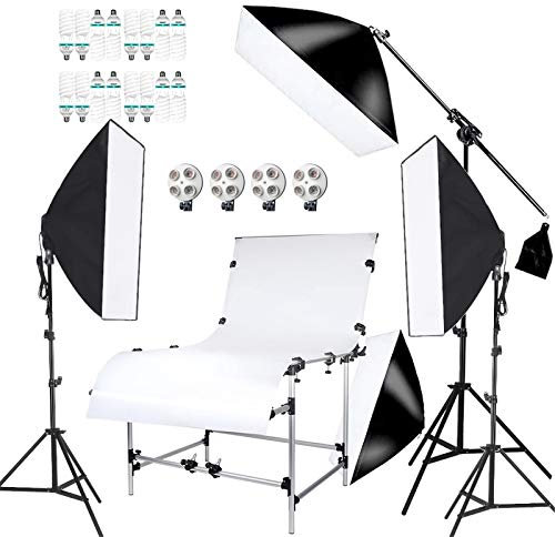 Photo Studio Kit Softbox Eclairage Vidéo avec 16x150W 5500K Ampoule CFL, E27 Douille 4 en 1, Support de Lumière, Bras Girafe, Shooting Table 100x200cm pour Portrait Produit Tournage Youtube
