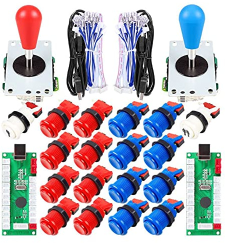 Avisiri 2 joueurs Arcade Joystick DIY Parts 2X USB Encoder + 2X Elliptique Joystick Hanlde + 18X Boutons Arcade Style Américain pour PC, MAME, Raspberry Pi, Windows rouge/bleu
