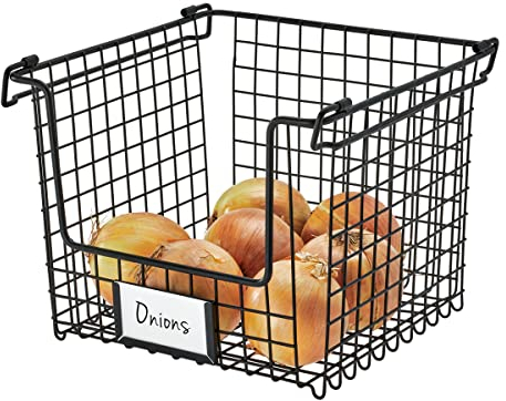 iDesign Large Wire Basket, Metal Stackable Storage Basket for Bathroom, Kitchen and Office, Stackable Kitchen Organiser with Handles, Black, 90987