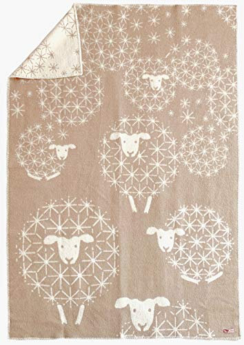 JOWOLLINA Wendedecke Wolldecke Plaid Kuscheldecke aus Öko-Wolle mit lustigem Tiermotiv (Schäffchen Pusteblume Cacao/Sand)