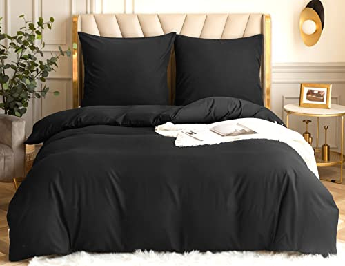Amolavet Sommer Bettwäsche 200x200 Schwarz Uni Gebürstete Mikrofaser Super Weich & Atmungsaktiv Pflegeleicht & Bügelfrei 3 Teilig Bettbezug Set mit Reißverschluss für Doppelbett