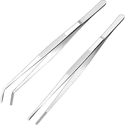 Cyimi Kitchen Tweezers Stainless Steel 8 Inch Long Tweezers Tongs, Heavy Duty large food tweezers with Precision Serrated Tips for Cooking(8 Straight+Curved)