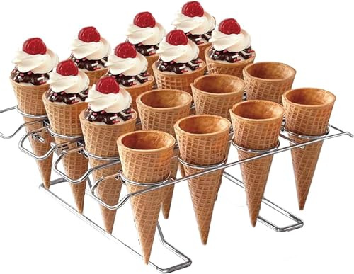 Newthinking Cupcake Cones Baking Rack, 16-Cavity Stainless Steel Ice Cream Cone Stand Holder Foldable Cake Decorating Pastry Tray Waffle Cones Holder for Baking, Cooling, Display