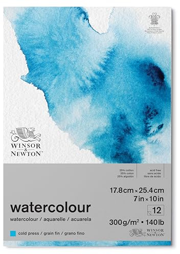 Winsor & Newton Papel de Acuarela Clásico, Grano Fino, 300gr, Mezcla de 25% Algodón y Fibras de Celulosa, Blanco Natural, Libre de Ácidos, 17,8 x 25,4cm, Bloc Encolado Por 1 Cara, 12 Hojas