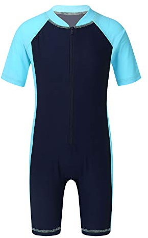 Nimiya Kids Boys Girls One Piece Rash Guard UPF 50+ Swimsuit Shorts Sleeves Surfing Swimming Costume Navy Blue&Sky Blue 7-8 Years