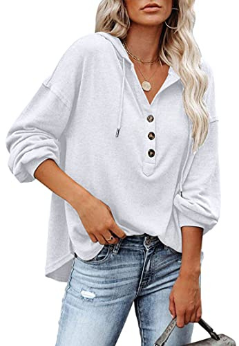 PLOKNRD Hoodie Damen V-Ausschnitt Pullover Kordelzug Dünn Kapuzenpullover | Langarm Knöpfen Henley Tops Sweatshirt Hooded Kapuze Herbst Winter Leicht Freizeit Sport Boho Klassisch Urlaub Party