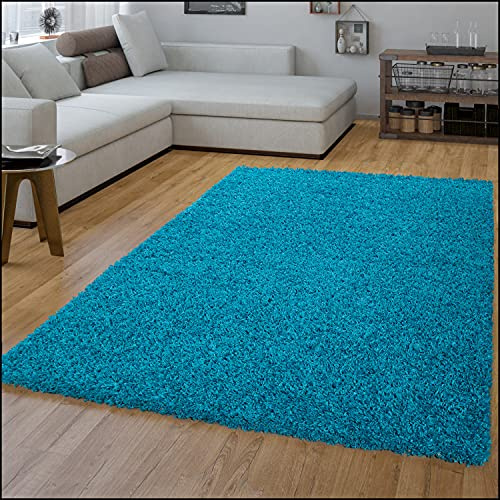 TT Home Wohnzimmer Teppich Hochflor Langflor Shaggy Soft Unifarben Modern Einfarbiges Design, Farbe: Türkis, Größe:140x200 cm