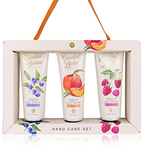 accentra Set de cuidado de manos Esencial Botanics – FRUITS en caja de regalo, 3 x 60 ml crema de manos y uñas en aroma de frambuesa, melocotón y arándanos