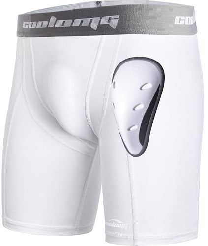 COOLOMG Mens Compression Shorts with Athletic Cup Baseball Football White