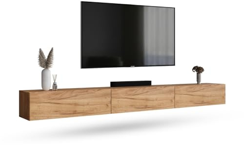 Planetmöbel West TV-Schrank, Fernsehtisch 300 cm lang, TV-Board | für Fernseher bis 85 Zoll, TV Board viel Stauraum, lowboard hängend, 3x Fernsehschrank 100 x 30 x 37,5 cm, gold eiche